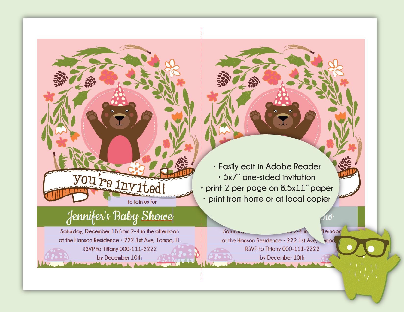 Pink Woodland Bear Printable Invitation – Kudzu Monster pink-woodland-bear-printable-invitation-kudzu-monster
