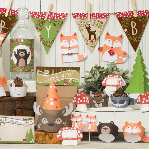 Woodland Party Decor Kit with foxes deer raccoons complete bundle printable decorations and favors